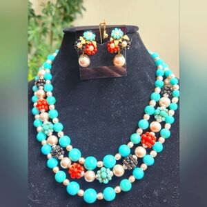 Miriam Haskell rare set of 3 strand necklace with flowers and earrings. Signed.